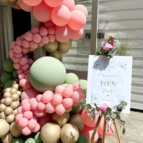 Pink, gold and sage balloon cascade
