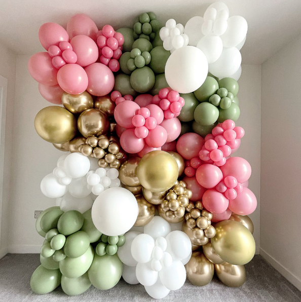 Silver, Sage, White, Pink and Gold balloon wall