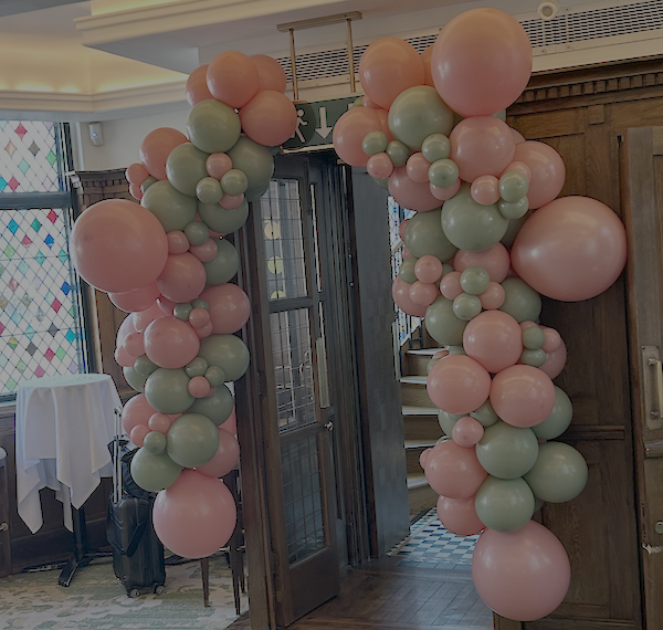 Pink and green balloon display installed for a private client at The Ivy in Covent Garden, designed to complement the restaurant’s vibrant interior aesthetic and create a standout focal point for the celebration.