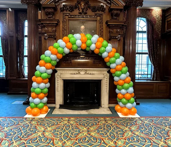 Professional orange, blue, and green standard balloon arch supplied for Thomas Telford LTD’s NEC Annual Conference in London. Uniform balloon sizing, clean presentation, and reliable corporate event décor.