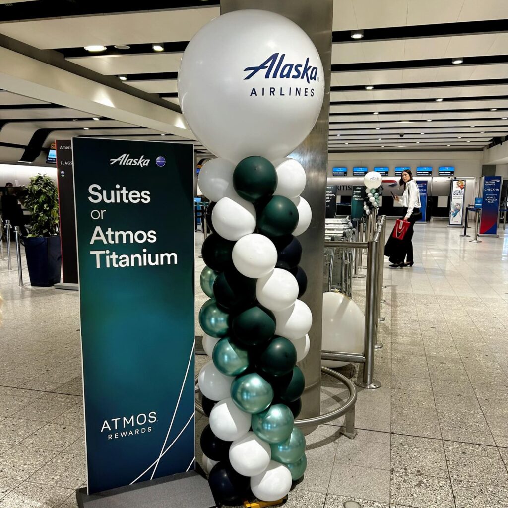 Branded Spiral Balloon Towers for Alaska Airlines at Heathrow Airport